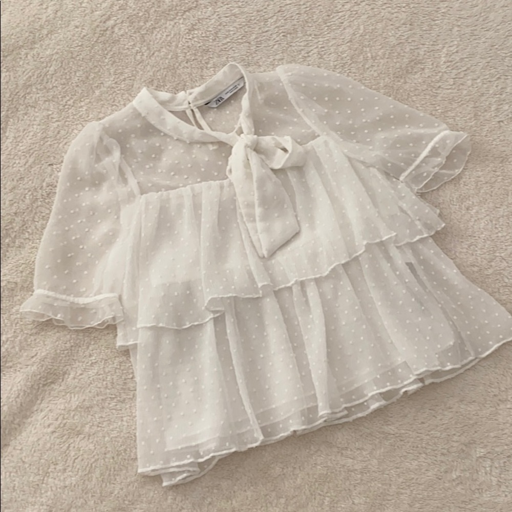 Zara | Sheer White Ruffle Top w/ Ribbon Neck Tie